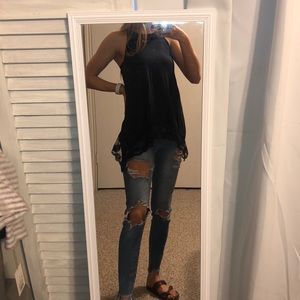 Soft Navy Blue Abercrombie Top with Lace Trim